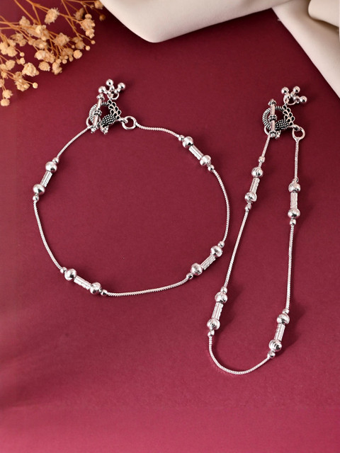 VOJ Stainless Steel Silver-Plated Artificial Beaded Pipe Shaped Anklets