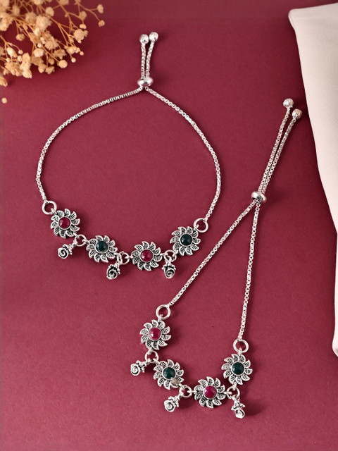 VOJ Set Of 2 Stainless Steel Silver-Plated Artificial Stones Studded Floral Design Anklet