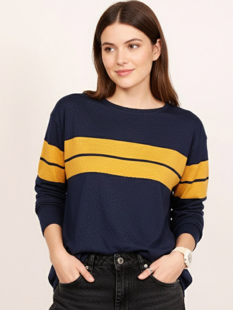 Leotude Women Striped Round Neck Cotton Relaxed Fit T-shirt