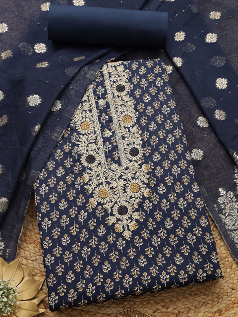 Soch Floral Printed Thread Work Jam Cotton Unstitched Dress Material