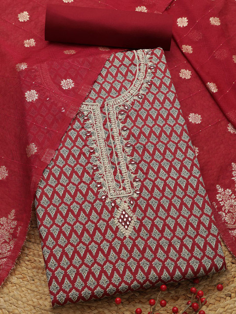 Soch Floral Printed Thread Work Jam Cotton Unstitched Dress Material