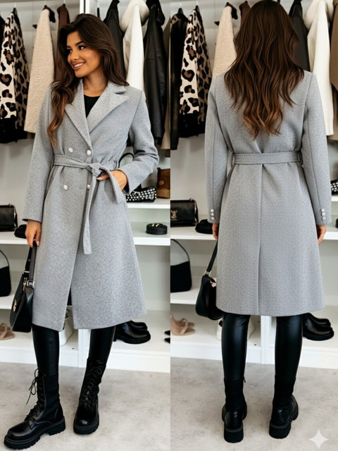 DressBerry Women Grey Notched Lapel Polyester Longline Blazer