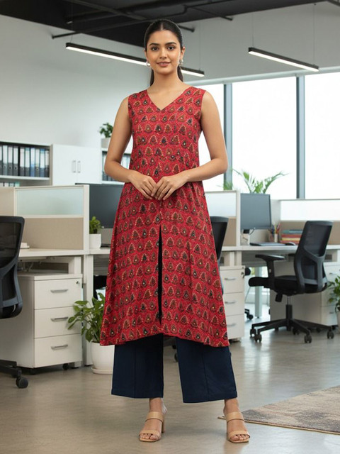 Ethnovog Geometric Printed V-Neck Thread Work A-Line Kurtas