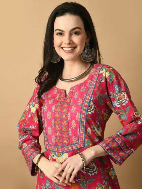 AVYCO Floral Printed Straight Pure Cotton Kurta with Trousers