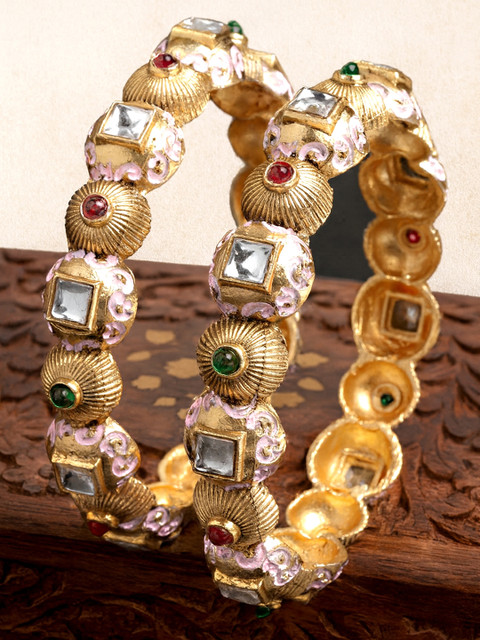 KARATCART Set Of 2 Gold-Plated Pink Stone-Studded Bangle