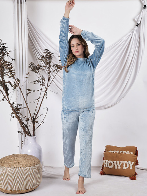 NEUDIS Women Round Neck Long Sleeves Woolen Fur Winter Night Suit