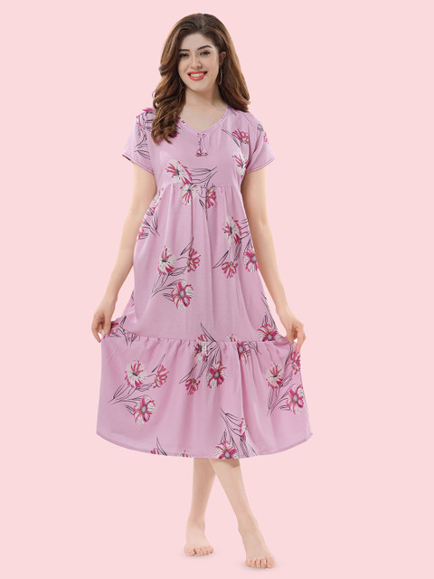 Cloud Soft Women Floral Printed V-Neck Midi Nightdress
