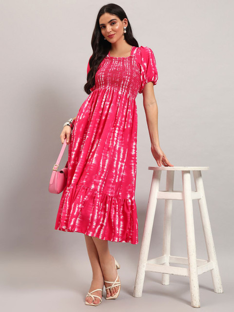 Krunal Raiyani Tie And Dye Smocked Square Neck Fit And Flare Midi Dress