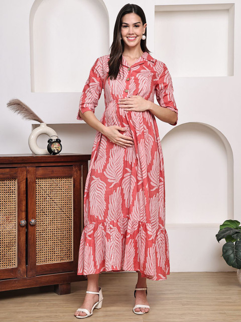 Frempy Floral Print Maternity A-Line Midi Dress