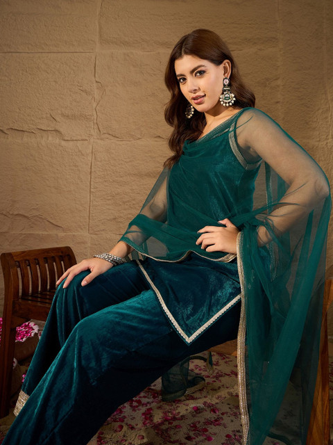 House of Pataudi Embroidered Square Neck Kurta & Trousers With Dupatta