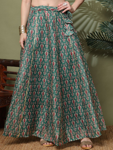 NEUDIS Women Abstract Printed Flared Maxi Skirt With Gota Work Detail