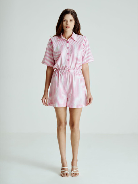 SOTBELLA Women Striped Shirt Collar Short Sleeves Jumpsuit