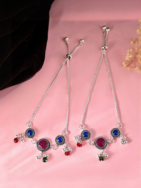 Sangria Set of 2 Silver Plated Stainless Steel Circular Designed Stone-Studded Anklets