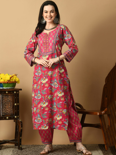AVYCO Floral Printed Straight Pure Cotton Kurta with Trousers - Image 6