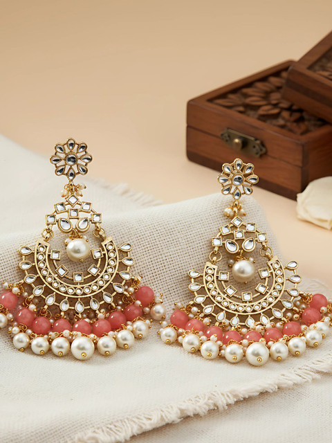 KARATCART Gold Plated Peach-Coloured Classic Chandbalis Earrings