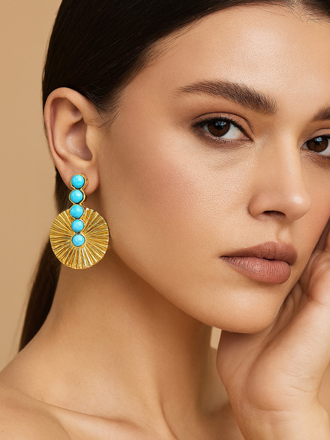 Bohey by KARATCART Gold-Plated Turquoise Studded Spherical Shaped Drop Earring - Image 2