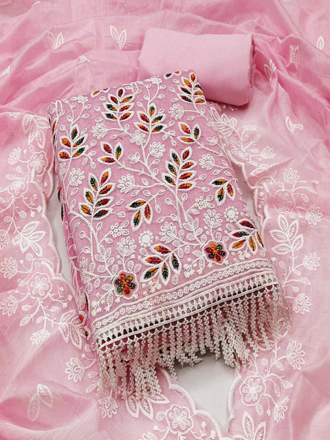 Peachmode Floral Embroidered Thread Work Chanderi Silk Unstitched Dress Material