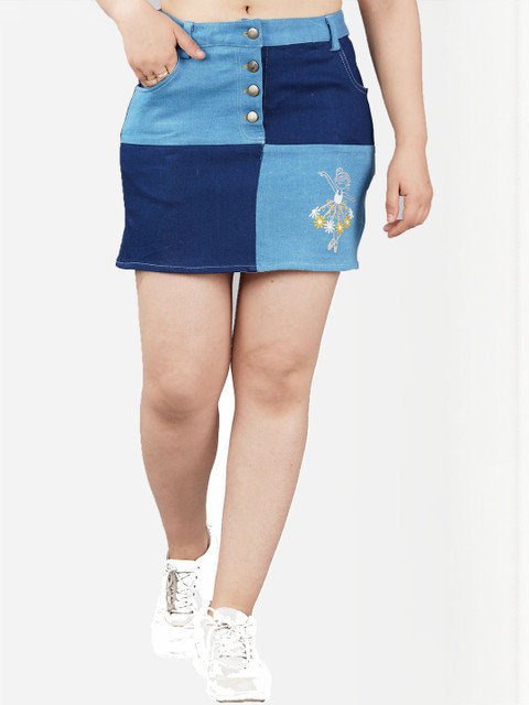 SUMAVI APPREALS Colourblocked Denim A-Line Mini Skirts