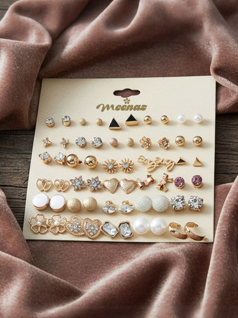 DIVASTRI Set Of 30 Gold-Plated Stones Studded & Pearls Beaded Contemporary Shaped Studs