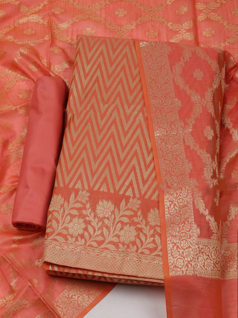 Meena Bazaar Chevron Woven Design Zari Chanderi Unstitched Dress Material