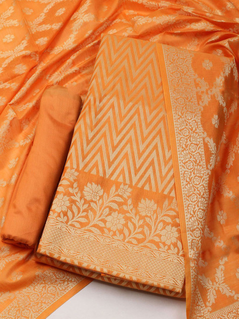 Meena Bazaar Chevron Woven Design Chanderi Silk Unstitched Dress Material