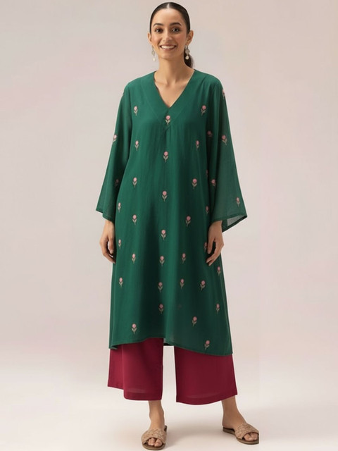 Aaghnya Floral Embroidered V-Neck Thread Work Kaftan Kurta With Palazzos