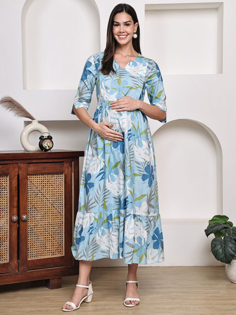 Frempy Floral Print Maternity Fit & Flare Midi Dress