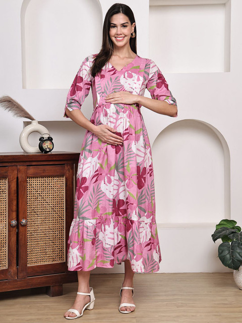 Frempy Floral Print Maternity A-Line Midi Dress