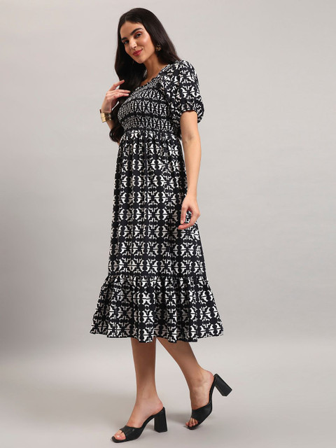 Krunal Raiyani Geometric Printed Smocked Square Neck Fit And Flare Midi Dress