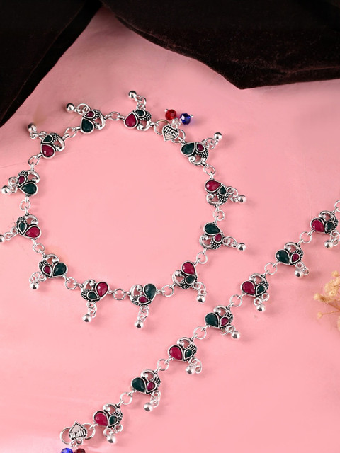 Sangria Women Silver-Plated Beads Studded Stainless Steel Peacock Shaped Anklets