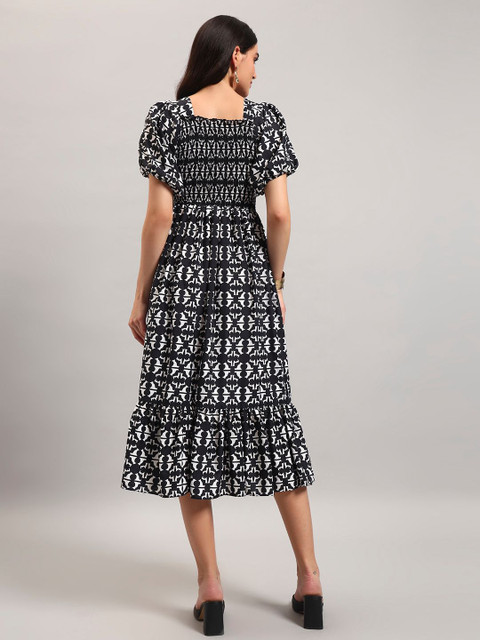 Krunal Raiyani Geometric Printed Smocked Square Neck Fit And Flare Midi Dress - Image 4