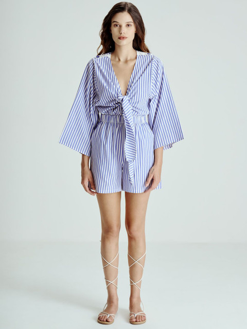 SOTBELLA Striped V-Neck Three-Quarter Sleeves Cotton Jumpsuit