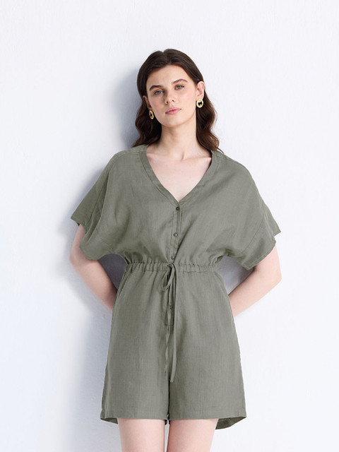 Reistor Women Solid V-Neck Drawstring Detail Playsuit