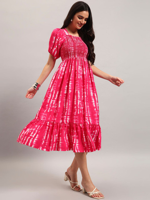 Krunal Raiyani Tie And Dye Smocked Square Neck Fit And Flare Midi Dress