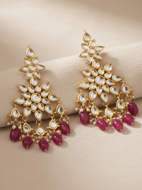 KARATCART Magenta Gold-Plated Kundan-Studded Handcrafted Floral Drop Earrings