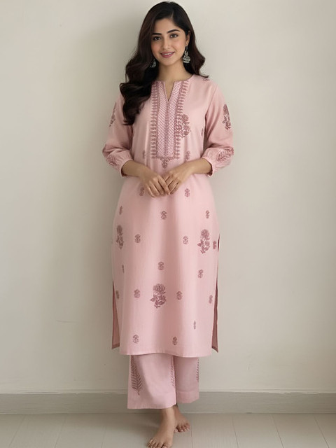 Aaghnya Floral Printed Notch Neck Straight Kurta With Palazzos