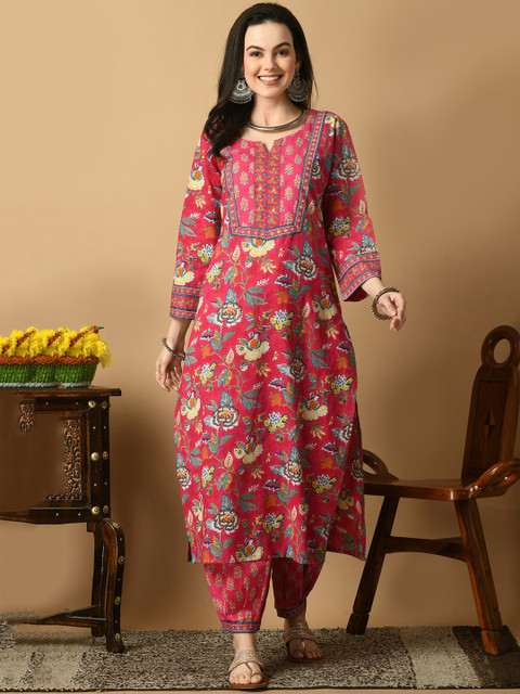 AVYCO Floral Printed Straight Pure Cotton Kurta with Trousers - Image 2