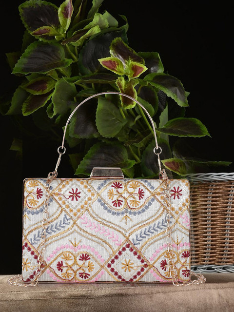 QNS Embroidered Box Clutch With Shoulder Strap