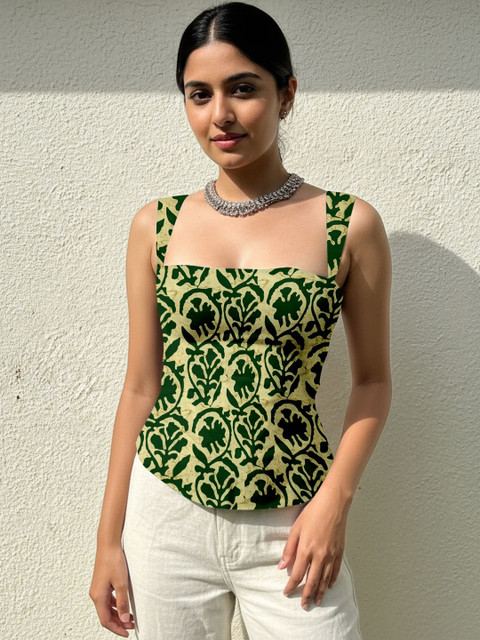 AAHWAN Women Floral Printed Square Neck Sleeveless Backless Cotton Ethnic Regular Top