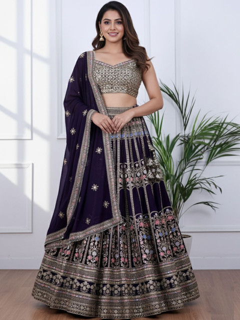 TIKODI Embroidered Silk Georgette Semi-Stitched Lehenga & Unstitched Blouse With Dupatta