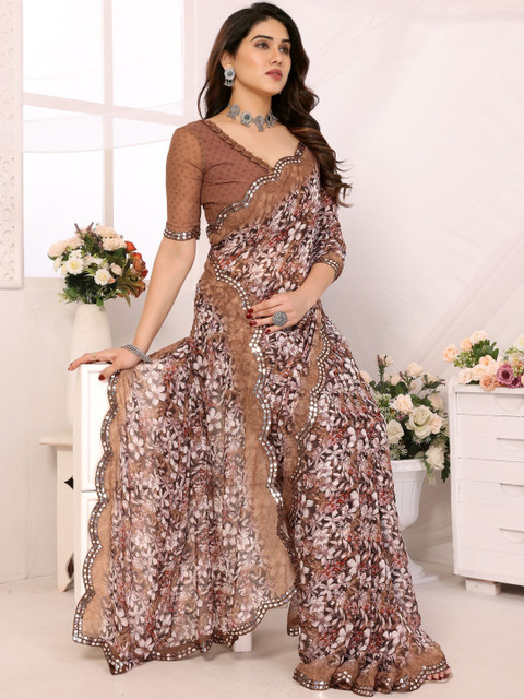 HERE&NOW Floral Printed Mirror Work Pure Georgette Saree