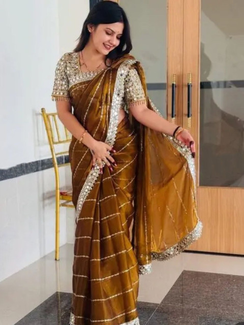 ROFOLO Embellished Mirror Work Satin Saree With Embroidered Border