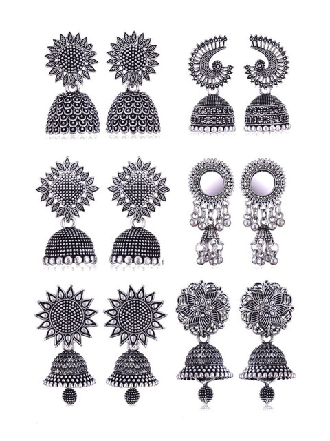 DIVASTRI Set Of 6 Women Oxidized Silver-Plated Jhumkas With Post and Back