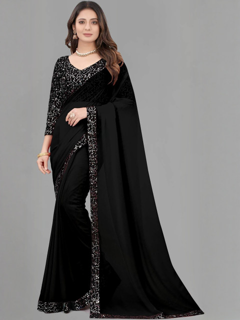 MEAVEN FEB Embellished Sequinned Border Velvet Saree With Bouse Piece