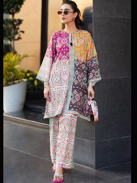 Maheshwar Printed Round Neck Long Sleeves Pure Cotton Tunic With Palazzo - Image 5