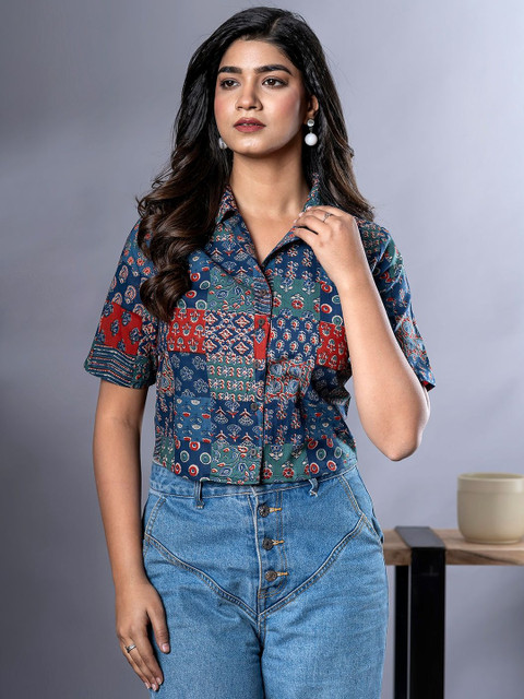 KALINI Women Ethnic Motifs Printed Pure Cotton Crop Shirt Style Top