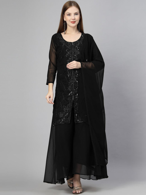 TS LIFESTYLE Floral Embroidered Sequinned Georgette Kurta With Palazzos & Dupatta