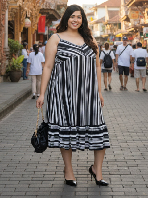 Oxolloxo Plus Size Striped Shoulder Strap A-Line Midi Dress