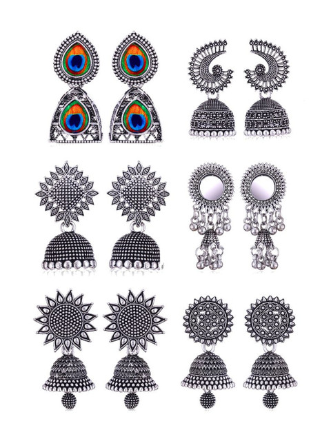 DIVASTRI Set Of 6 Silver-Plated Artificial Stones And Beads Dome Shaped Oxidized Jhumkas