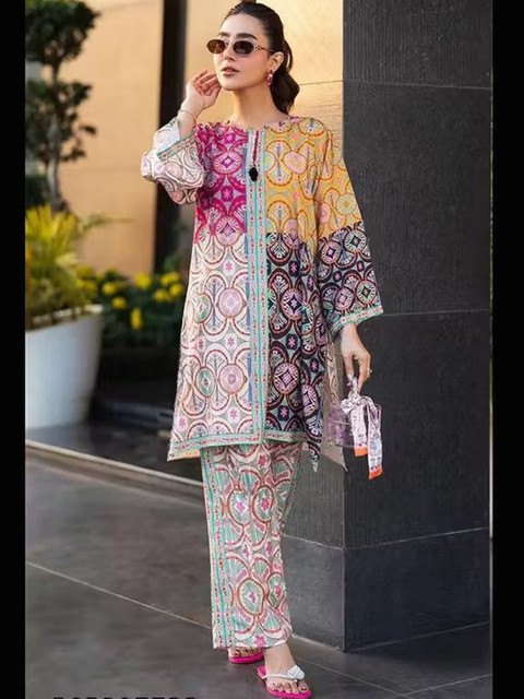 Maheshwar Printed Round Neck Long Sleeves Pure Cotton Tunic With Palazzo - Image 3